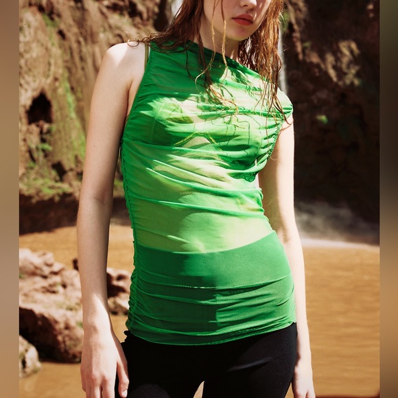 Zara NWT mesh Green tulle sleeveless ruched sheer top - Picture 6 of 7